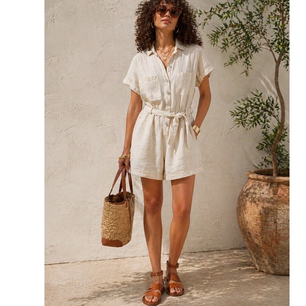 Cloth & Stone Anthropologie 100% Linen Belted Romper Neutral Button Size Small